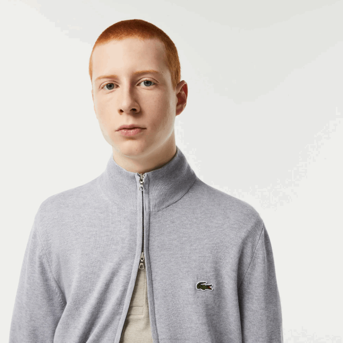 Men Lacoste V0ZN459 Grey Chine CCA Stand-Up Collar Organic Cotton Zippered Sweater - Image 2
