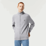 Men Lacoste V0ZN459 Grey Chine CCA Stand-Up Collar Organic Cotton Zippered Sweater