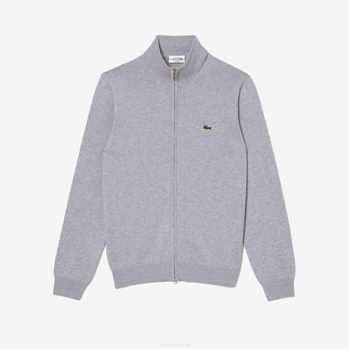 Men Lacoste V0ZN459 Grey Chine CCA Stand-Up Collar Organic Cotton Zippered Sweater - Image 4