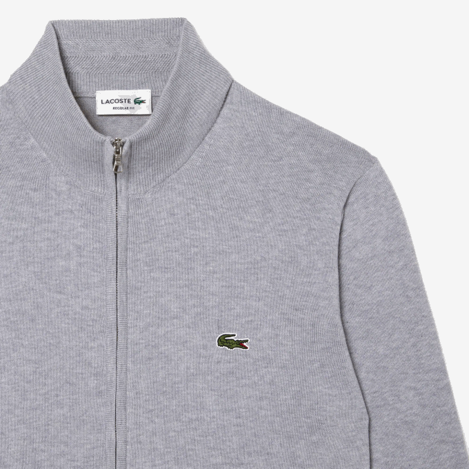 Men Lacoste V0ZN459 Grey Chine CCA Stand-Up Collar Organic Cotton Zippered Sweater - Image 5