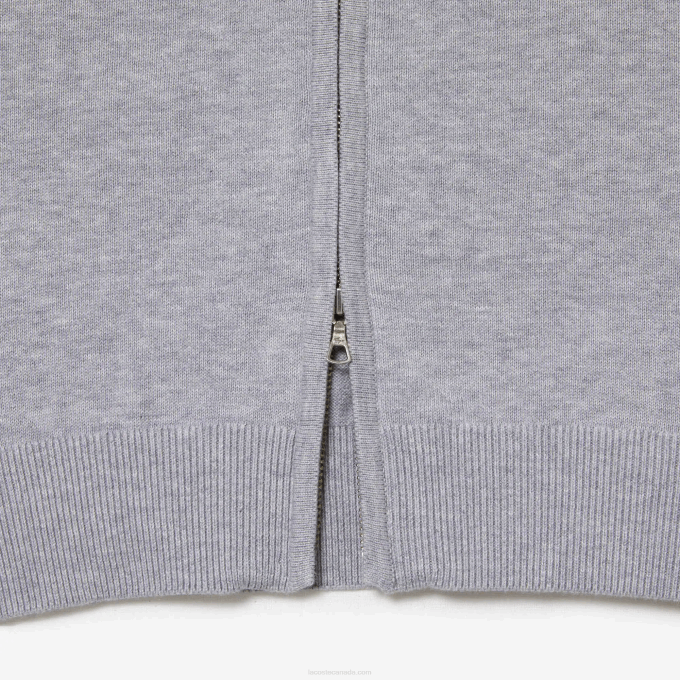 Men Lacoste V0ZN459 Grey Chine CCA Stand-Up Collar Organic Cotton Zippered Sweater - Image 6