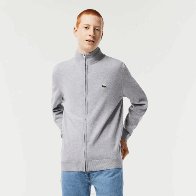 Men Lacoste V0ZN459 Grey Chine CCA Stand-Up Collar Organic Cotton Zippered Sweater - Image 1