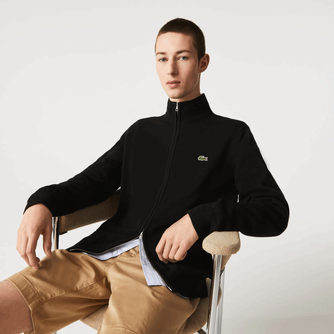 Men Lacoste V0ZN460 Black 031 Stand-Up Collar Organic Cotton Zippered Sweater - Image 1