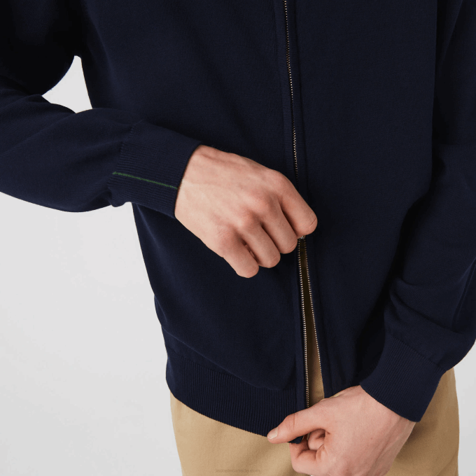 Men Lacoste V0ZN461 Navy Blue 166 Stand-Up Collar Organic Cotton Zippered Sweater - Image 6