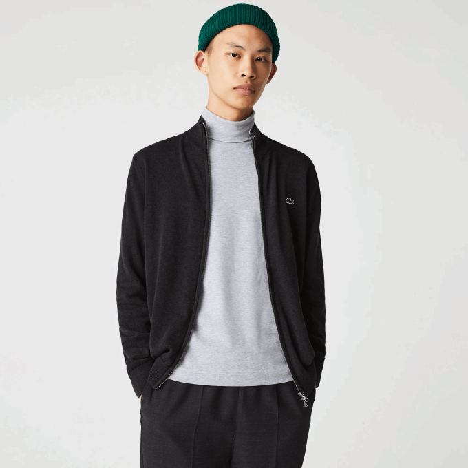 Men Lacoste V0ZN462 Grey EL6 Stand-Up Collar Organic Cotton Zippered Sweater - Image 1