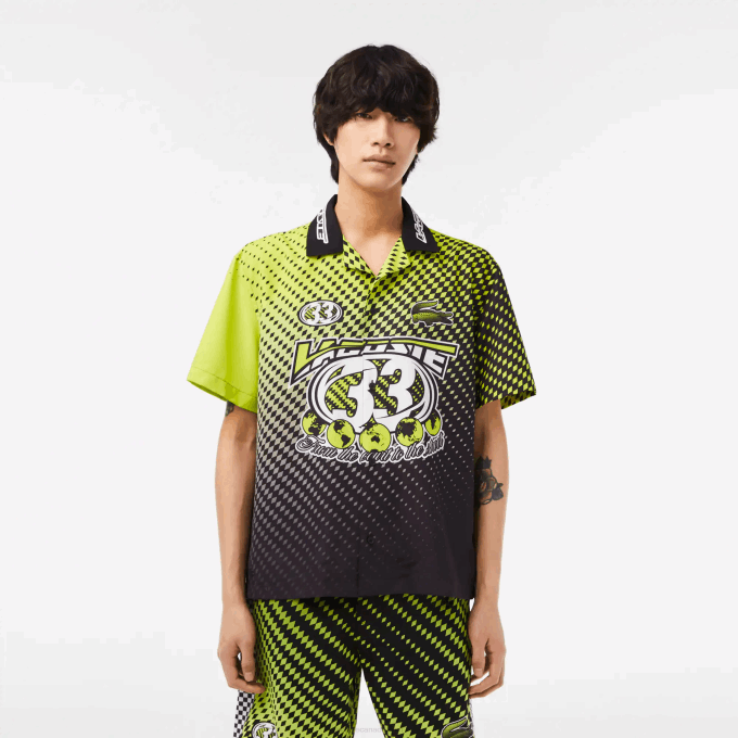 Men Lacoste V0ZN464 Yellow Black G65 Short Sleeve Ombre Checkerboard Print Shirt - Image 1