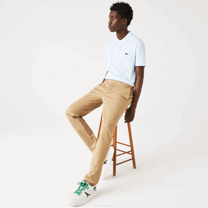 Men Lacoste V0ZN479 Beige 02S New Classic Slim Fit Stretch Cotton Pants - Image 1