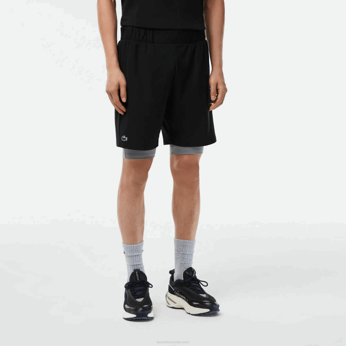 Men Lacoste V0ZN481 Black Grey Chine X0I Two-Tone SPORT Shorts with Built-in Undershorts - Image 2