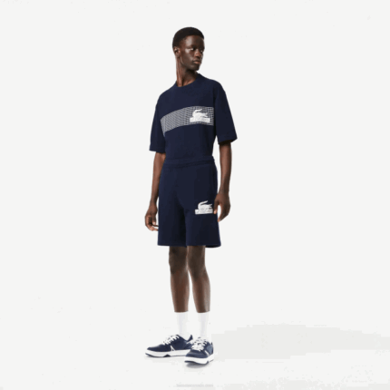 Men Lacoste V0ZN487 Navy Blue 166 Unbrushed Organic Cotton Fleece Shorts