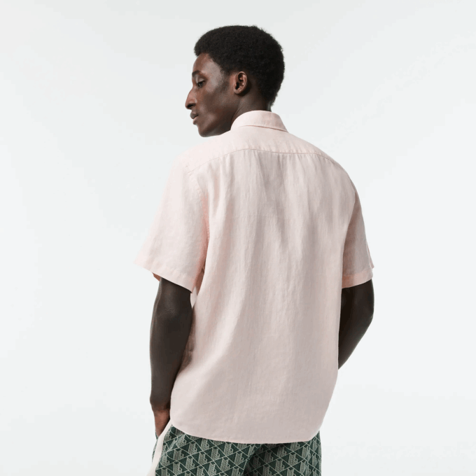 Men Lacoste V0ZN489 Light Pink T03 Short Sleeve Linen Shirt - Image 3