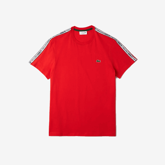 Men Lacoste V0ZN48 Red S5H Regular Fit Logo Stripe T-Shirt - Image 3