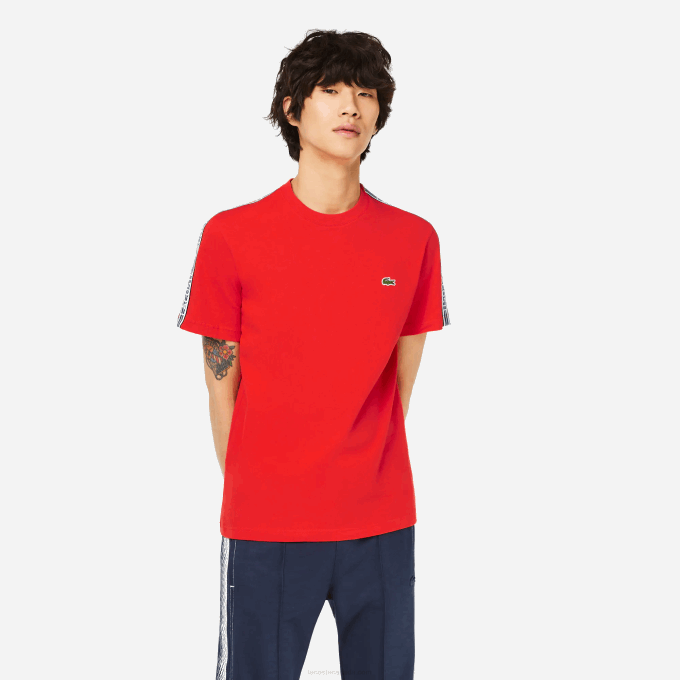 Men Lacoste V0ZN48 Red S5H Regular Fit Logo Stripe T-Shirt - Image 1