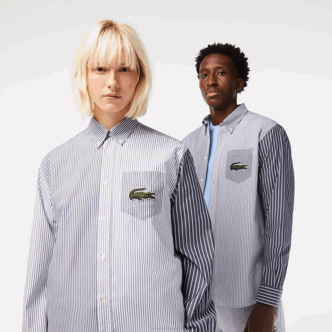 Men Lacoste V0ZN493 White Navy Blue 522 Large Crocodile Striped Cotton Shirt - Image 2