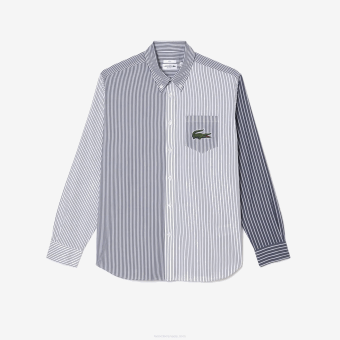 Men Lacoste V0ZN493 White Navy Blue 522 Large Crocodile Striped Cotton Shirt - Image 4