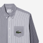 Men Lacoste V0ZN493 White Navy Blue 522 Large Crocodile Striped Cotton Shirt - Image 5