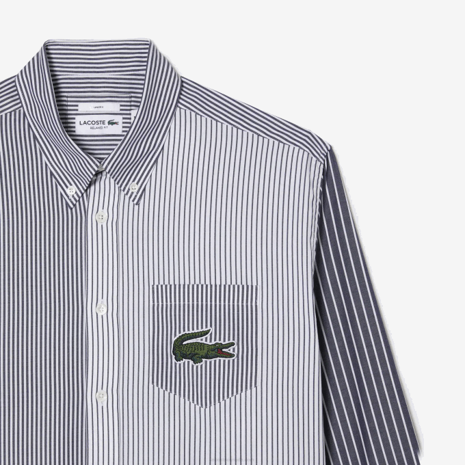 Men Lacoste V0ZN493 White Navy Blue 522 Large Crocodile Striped Cotton Shirt - Image 5
