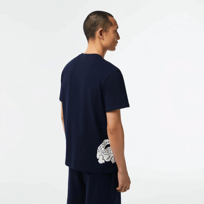 Men Lacoste V0ZN495 Navy Blue White 525 Cotton Jersey Contrast Print T-Shirt - Image 3