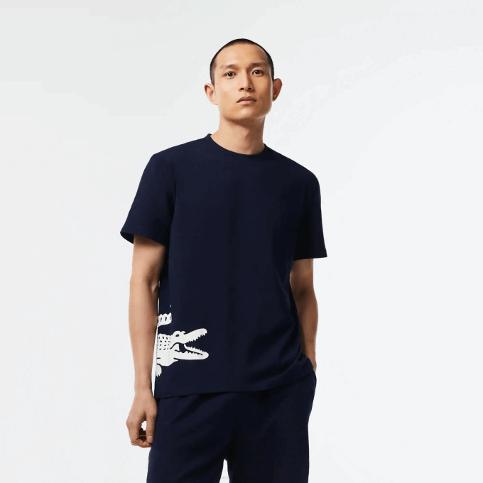 Men Lacoste V0ZN495 Navy Blue White 525 Cotton Jersey Contrast Print T-Shirt - Image 1