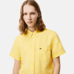 Men Lacoste V0ZN496 Yellow 107 Short Sleeve Linen Shirt - Image 2