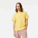Men Lacoste V0ZN496 Yellow 107 Short Sleeve Linen Shirt