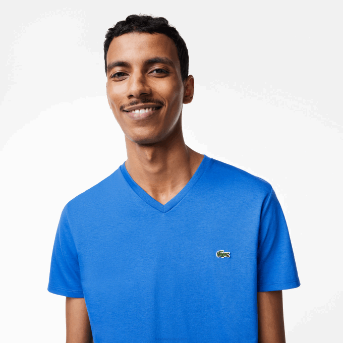 Men Lacoste V0ZN49 Blue KXB V-Neck Pima Cotton Jersey T-Shirt - Image 2
