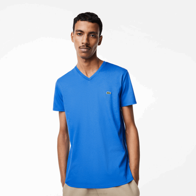 Men Lacoste V0ZN49 Blue KXB V-Neck Pima Cotton Jersey T-Shirt - Image 1