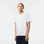 Men Lacoste V0ZN502 White Khaki Green GY8 Cotton Jersey Logo Print T-Shirt
