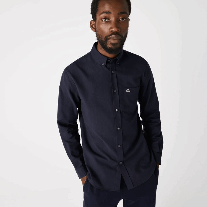 Men Lacoste V0ZN507 Navy Blue 423 Buttoned Collar Oxford Cotton Shirt - Image 4