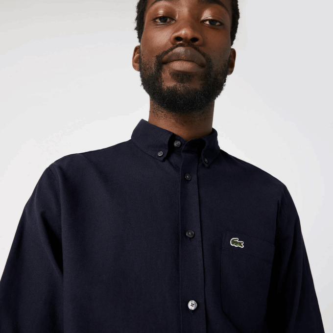 Men Lacoste V0ZN507 Navy Blue 423 Buttoned Collar Oxford Cotton Shirt - Image 6