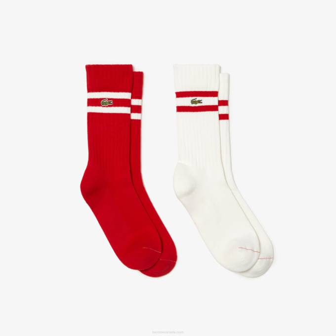 Men Lacoste V0ZN514 Red White GRU Contrast Striped Ribbed Knit Socks - Image 1