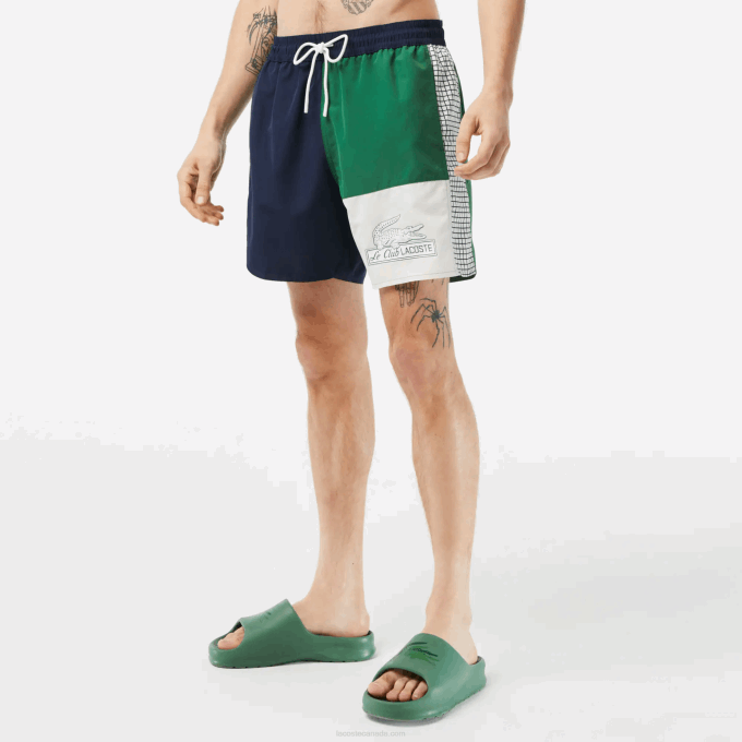 Men Lacoste V0ZN520 Navy Blue Green White AST Recycled Polyester Colorblock Swim Trunks - Image 2