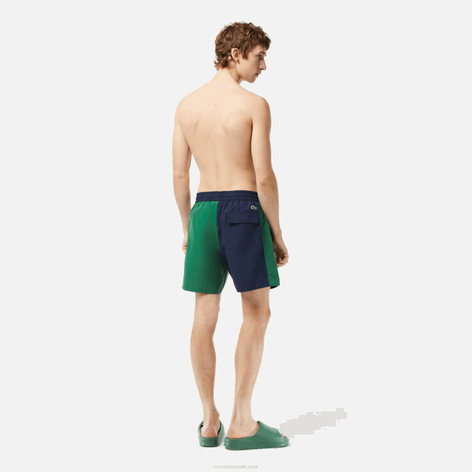 Men Lacoste V0ZN520 Navy Blue Green White AST Recycled Polyester Colorblock Swim Trunks - Image 3