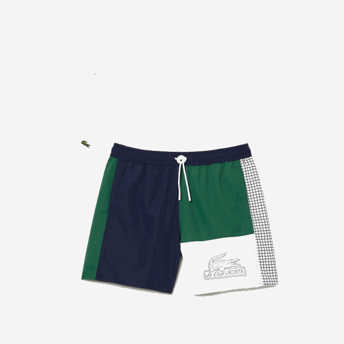 Men Lacoste V0ZN520 Navy Blue Green White AST Recycled Polyester Colorblock Swim Trunks - Image 5