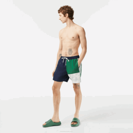 Men Lacoste V0ZN520 Navy Blue Green White AST Recycled Polyester Colorblock Swim Trunks