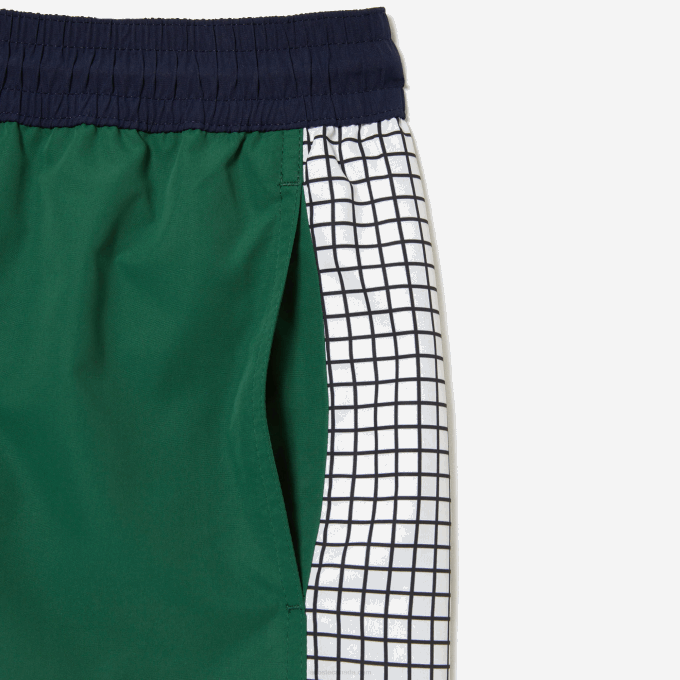 Men Lacoste V0ZN520 Navy Blue Green White AST Recycled Polyester Colorblock Swim Trunks - Image 6