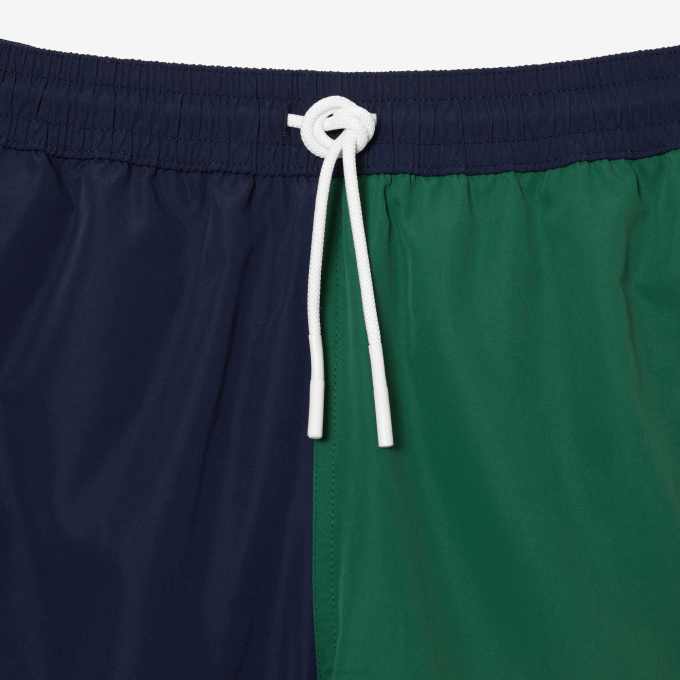 Men Lacoste V0ZN520 Navy Blue Green White AST Recycled Polyester Colorblock Swim Trunks - Image 7