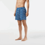Men Lacoste V0ZN524 White Blue ANY Two-Tone Print Swim Trunks - Image 2