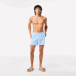 Men Lacoste V0ZN529 Blue White FV2 Two-Tone Monogram Print Swim Trunks