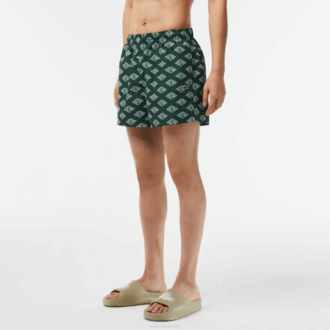 Men Lacoste V0ZN530 Green White YRR Two-Tone Monogram Print Swim Trunks - Image 2