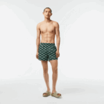Men Lacoste V0ZN530 Green White YRR Two-Tone Monogram Print Swim Trunks