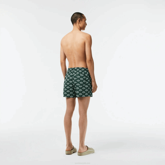 Men Lacoste V0ZN530 Green White YRR Two-Tone Monogram Print Swim Trunks - Image 3