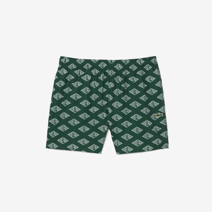 Men Lacoste V0ZN530 Green White YRR Two-Tone Monogram Print Swim Trunks - Image 4