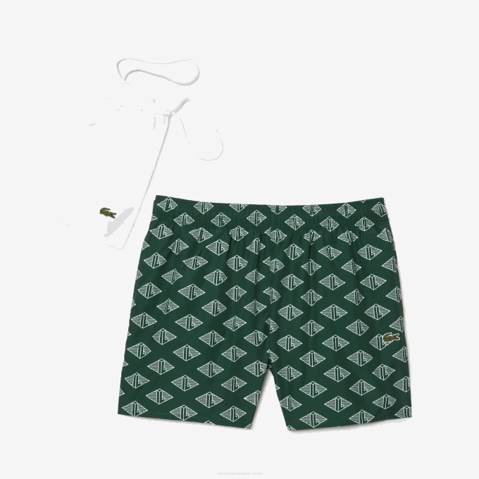 Men Lacoste V0ZN530 Green White YRR Two-Tone Monogram Print Swim Trunks - Image 5