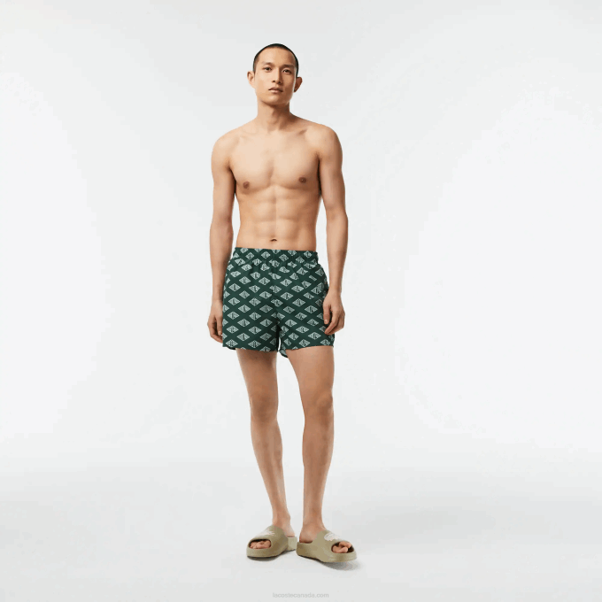 Men Lacoste V0ZN530 Green White YRR Two-Tone Monogram Print Swim Trunks - Image 1