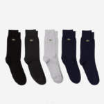 Men Lacoste V0ZN531 Navy Blue Chine Grey Black C0U High-Cut Organic Cotton Socks Five-Pack