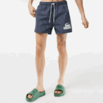 Men Lacoste V0ZN532 Navy Blue White XCH Recycled Polyester Checked Swim Trunks - Image 2
