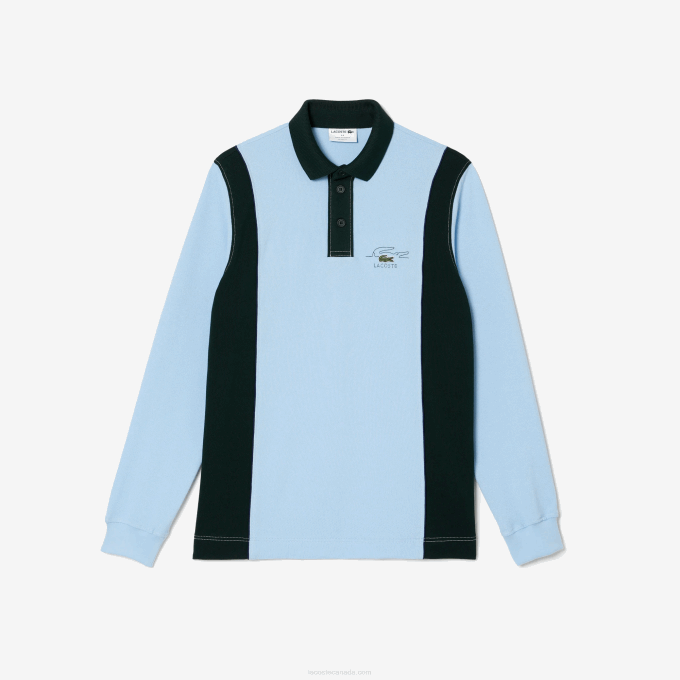 Men Lacoste V0ZN544 Blue Green FL3 Long Sleeve Organic Cotton Rugby Shirt - Image 3