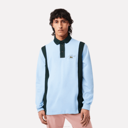 Men Lacoste V0ZN544 Blue Green FL3 Long Sleeve Organic Cotton Rugby Shirt