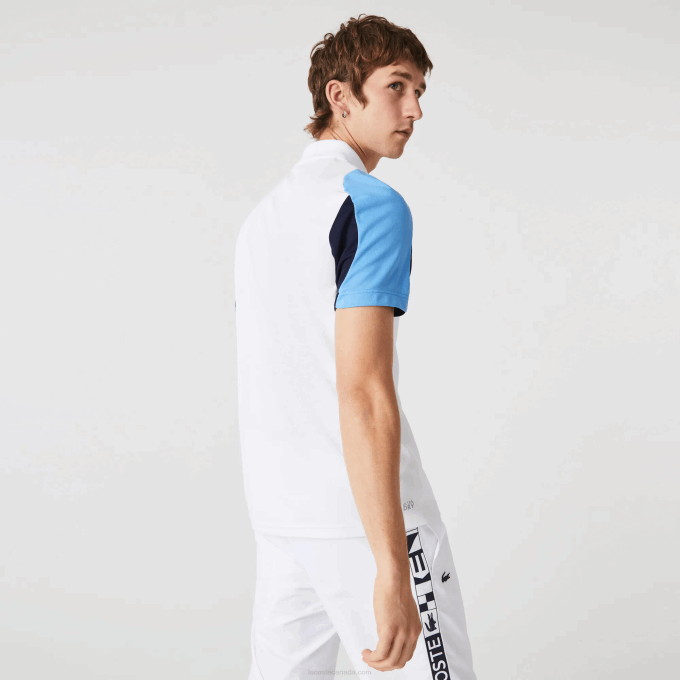 Men Lacoste V0ZN556 White Navy Blue 5YP SPORT Regular Fit Run-Resistant Pique Tennis Polo - Image 3