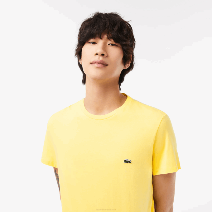 Men Lacoste V0ZN55 Yellow 107 Crew Neck Pima Cotton Jersey T-Shirt - Image 2